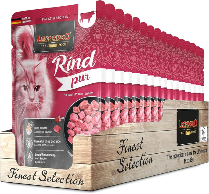 Leonardo Fresh Pouch [16X85G Pure Beef] | Hrană umedă fără cereale pentru pisici | Hrană umedă completă în pungă cu o singură porție