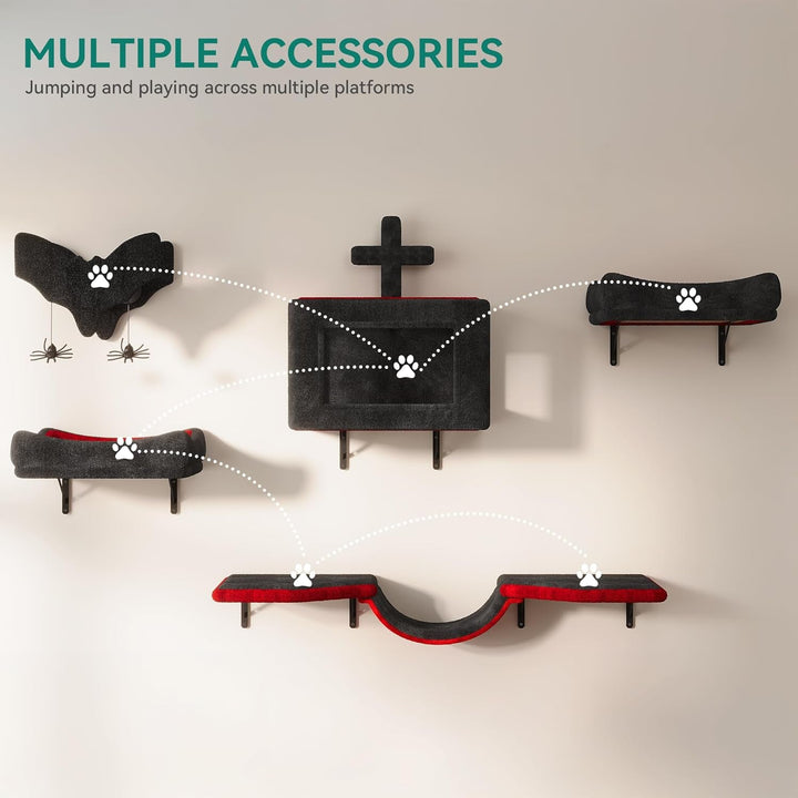 YITAHOME Set de perete de cățărat gotic pentru pisici, fabricat din flanel, mobilier robust pentru pisici din 5 piese cu căsuță pentru pisici, pat pentru pisici, hamac pentru pisici, coloană din sisal cu păianjen pentru dormit, joacă sau relaxează pisica