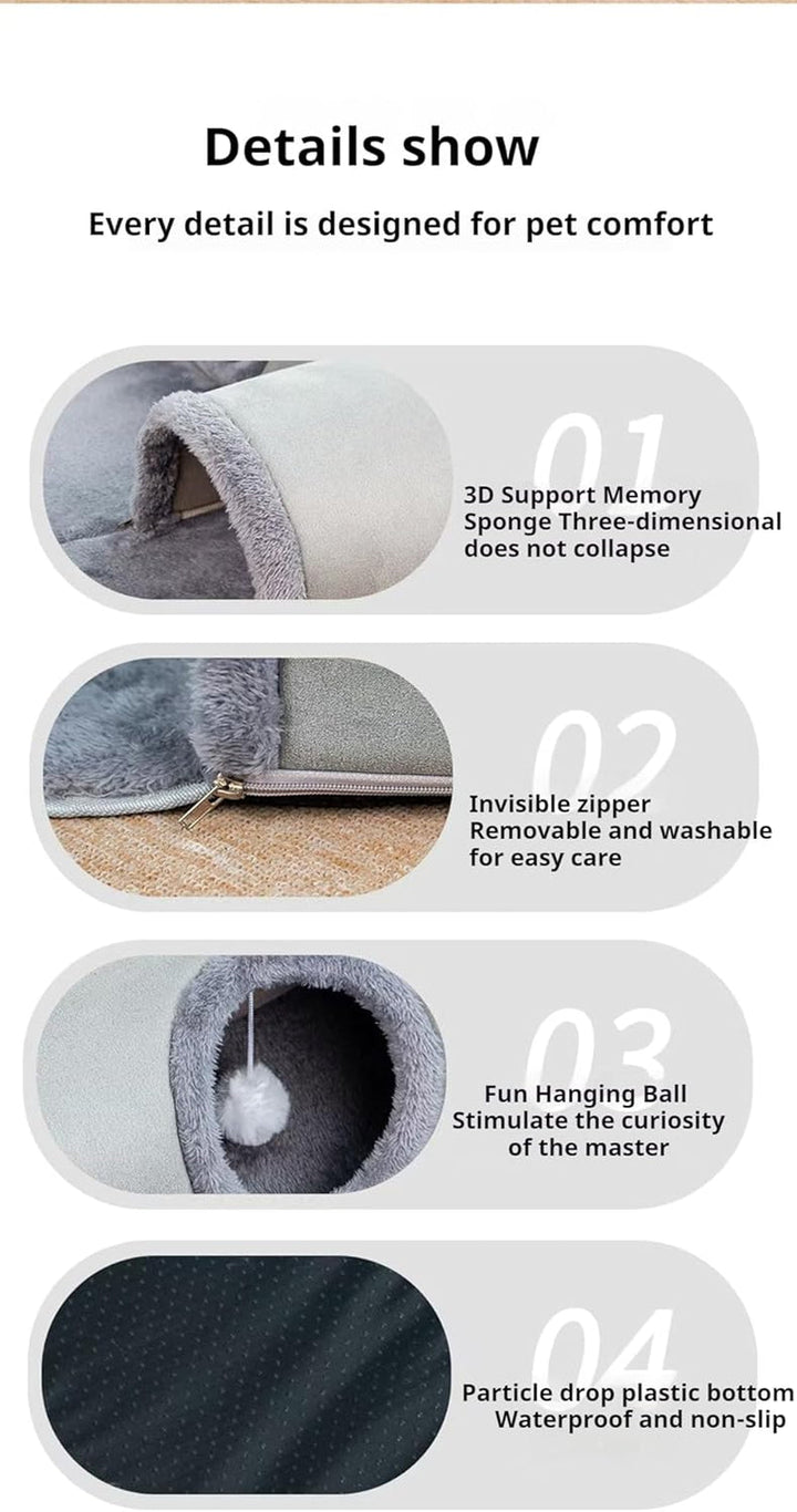 Tunel pentru pisici în formă de U, pat pentru pisici cu tub de joacă, jucărie de-a v-ați ascunselea lavabilă și detașabilă, combinație interactivă de joacă și somn pentru pisici de interior (mărime mică)