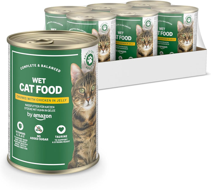 By Amazon hrană pentru pisici, umedă, fără cereale, conservă, bucăți de pui în jeleu, 12 X 405 G