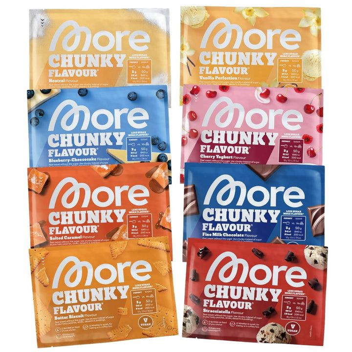 MORE Chunky Flavour, Blueberry Cheesecake, Pudră aromatizantă pentru îndulcire cu inulină și lactază, 150 grame Indulcitori Naty Shop 30 G (8Er Pack) Mixed (8Er Pack)