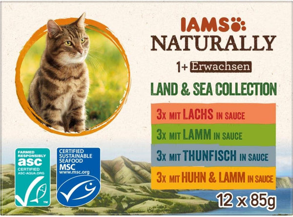 IAMS Naturally Cat Food Wet in Sauce - Hrană umedă de înaltă calitate cu carne și pește pentru pisici adulte, Land & Sea Collection, 12 X 85 G