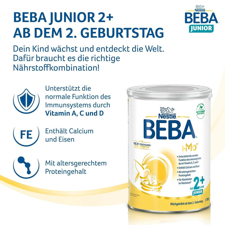 Nestle BEBA Junior 2+, de la a 2-a aniversare, mâncare pentru copii cu HMO 2'-FL, numai lactoză, fără ulei de palmier, pachet 3 (3 x 800 g) Mama si Copilul Naty Shop