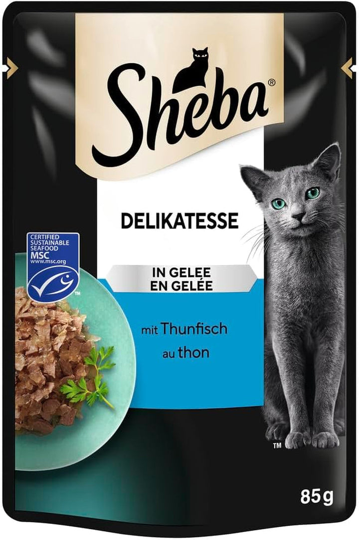 SHEBA săculeți hrană umedă pentru pisici delicatesă în jeleu cu ton Msc certified 28 X 85G