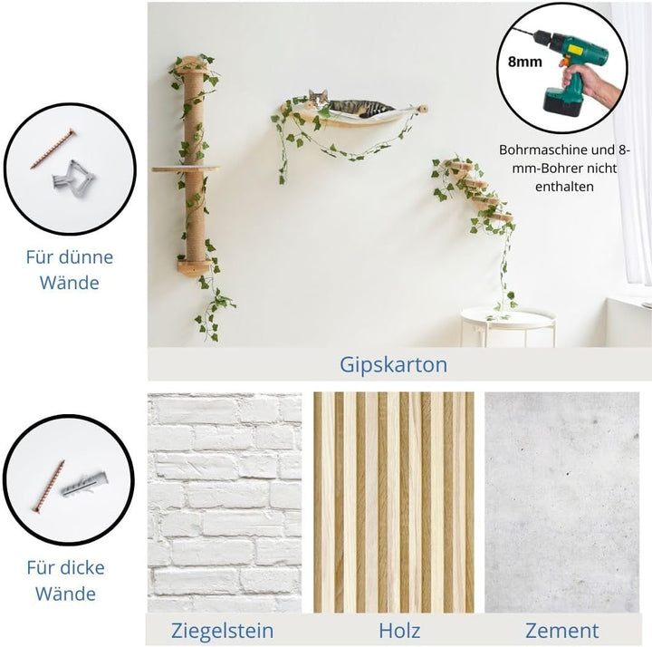 TREKAM Perete Pat Pisici - Perete Hamac Elegant și Stabil - Perete Șezlong pentru Pisici de până la 12 kg - Perete de Cățărat pentru Pisici - Elemente de Perete pentru Pisici - Loc de Odihnă Confortabil pentru Perete pentru Pisici