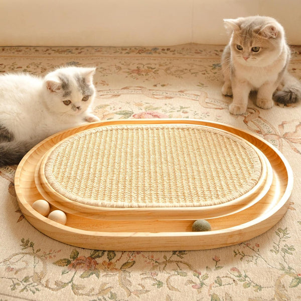 Placă de zgâriat din sisal - Jucărie 2 în 1 pentru pisici, lemn masiv de pin și pernă de sisal natural și bile de catnip - Covoraș de zgâriat 43 x 33 x 3 cm pentru toate pisicile, pentru a se juca și relaxa