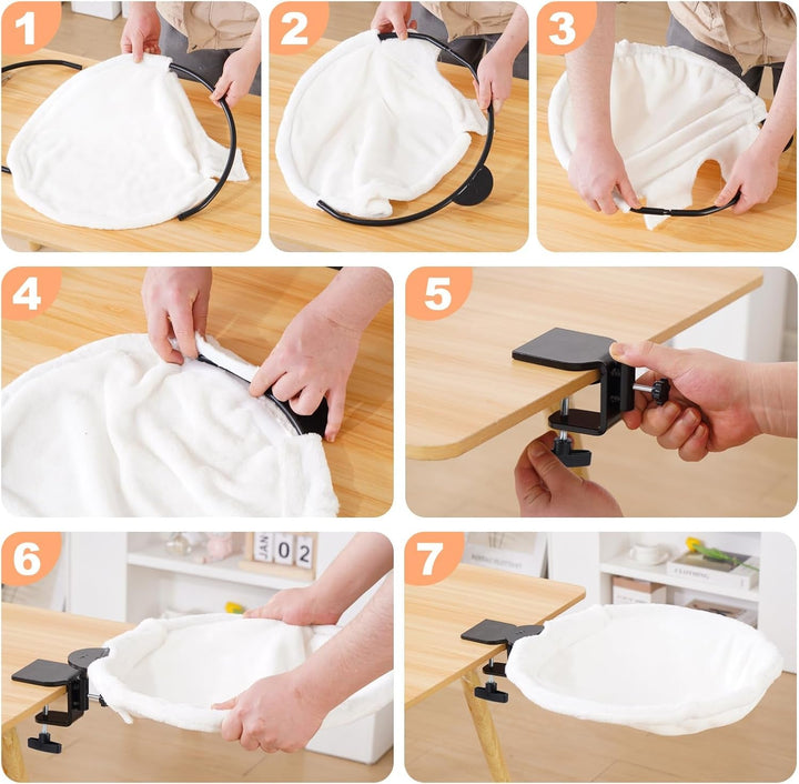 Pat pentru pisici Uross pentru birou - Rotabil la 360° și reglabil pe înălțime, Hamac moale pentru pisici cu 2 huse lavabile, Loc de dormit pentru pisici la birou - Utilizare pe tot parcursul anului (Bej)