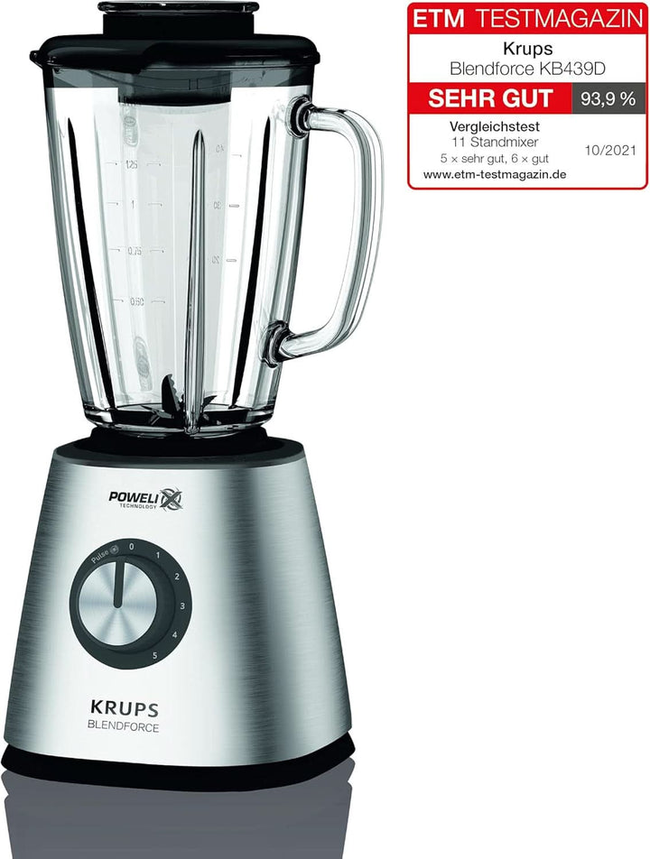 Krups KB439D Blendforce 2 Standmixer | 800 Watt | 5 Geschwindigkeiten | Pulsfunktion | 1,75 Liter Thermoglasbehälter (Nutzvolumen: 1,25 Liter) | Stoßfest | Eiszerkleinerer | Edelstahl Mama si Copilul Naty Shop