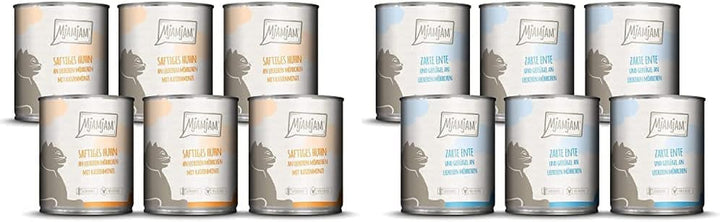 Mjamjam - Hrană umedă premium pentru pisici - Curcan bun cu dovleac aburit, pachet de 6 (6 X 800 G) & Hrană umedă premium pentru pisici - Rață și pasăre fragedă cu morcovi delicioși, pachet de 6 (6 X 800 G)
