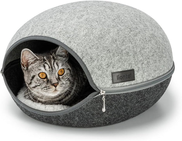 Peșteră pentru pisici Lionto din fetru robust, peșteră confortabilă pentru pisici cu fermoar, 46 x 38 x 24 cm, pat confortabil și modern pentru pisici cu pernă moale și lavabilă, gri