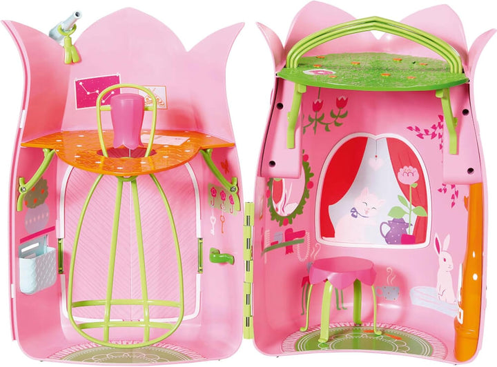 BABY Born Storybook Cottage, Casă de păpuși pliabilă pentru păpuși de 18 cm cu masă, șemineu, șezlong și telescop, roz verde, 833803 Zapf Creation Casute de papusi Naty Shop
