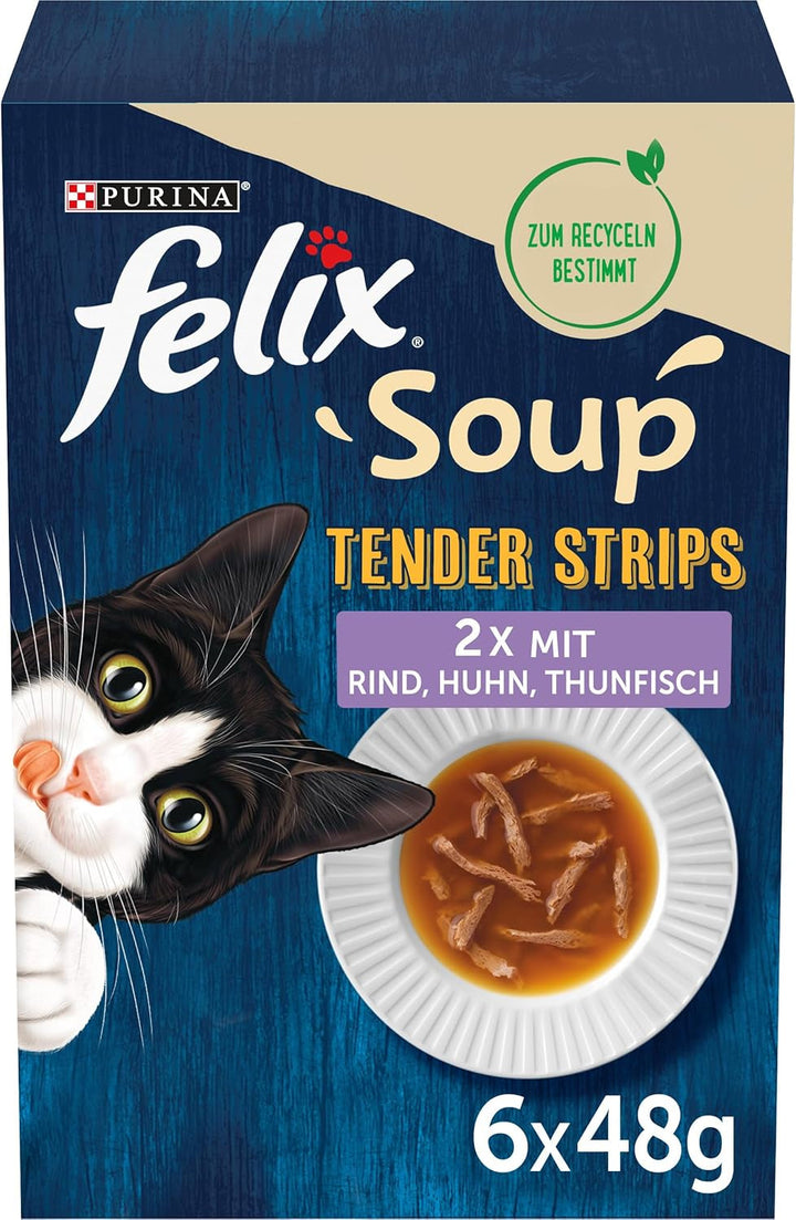 FELIX Soup Tender Strips, supă pentru pisici, varietate de arome de la țară, vită, pui, miel, 8-pachete (8X 6 pachete la 48 de grame)