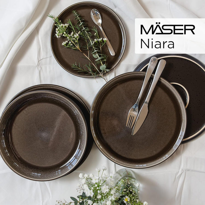 MÄSER 934020 Serie Niara, Modernes Geschirr Set Für 6 Personen in Aufregendem Vintage Look, 18-Teiliges Frühstücksgeschirr Service Aus Keramik in Grau Und Schwarz, Steinzeug Seturi vesela masa Naty Shop