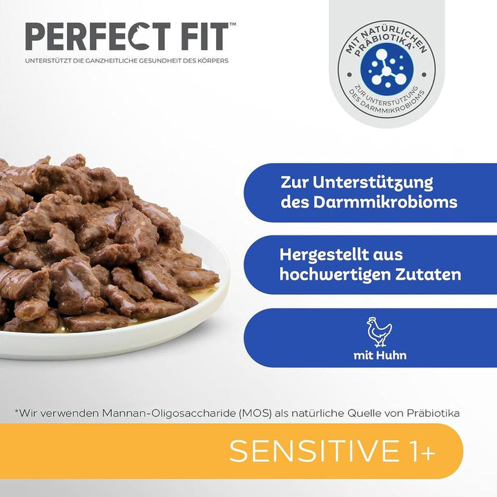 Perfect Fit Sensitive 1+ hrană umedă pentru pisici cu pui în sos, 12 pungi porție, 12X85G - Hrană umedă premium pentru pisici, Pentru pisici sensibile de la 1 an, Fără grâu și soia, Pentru susținerea digestiei
