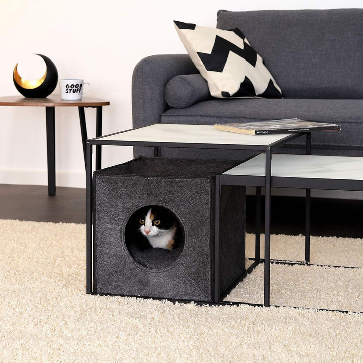 Peșteră pentru pisici Lionto, din fetru rezistent, potrivită pentru rafturile Kallax și alte sisteme de rafturi, 33 x 37 x 33 cm, pat pliabil în formă de cub, independentă, ușor de întreținut, cu pernă confortabilă, gri închis