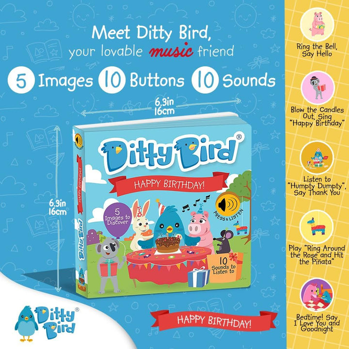 DITTY BIRD Baby Sound Book: Prima noastră aniversare interactivă. Jucărie pentru bebeluși 10 butoane sonore cu sunet, cântece și muzică. Carte de cântece interactivă pentru învățarea copiilor bilingvi engleză de la 1 an. Jucarii Bebe Naty Shop