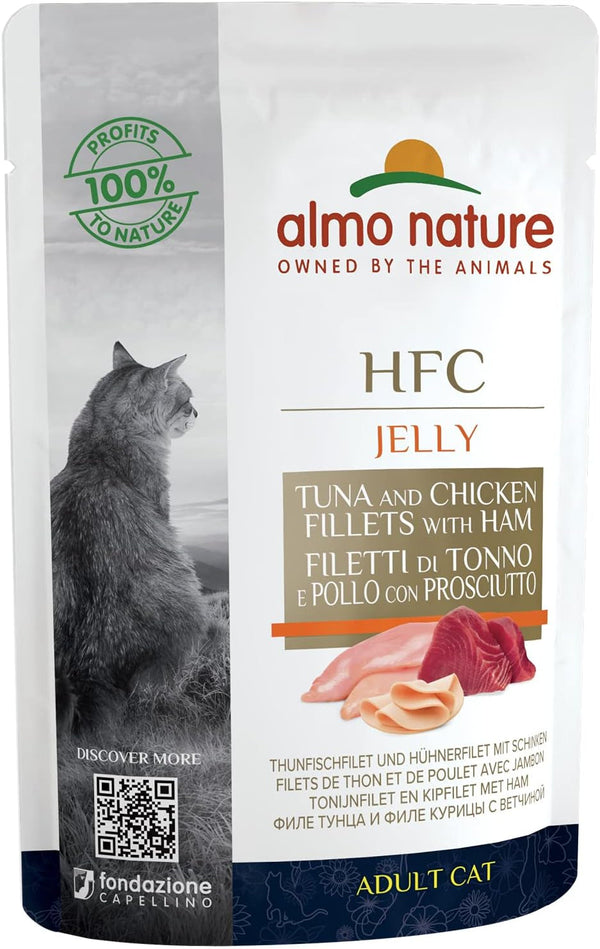Almo Nature HFC Jelly Hrană umedă pentru pisici adulte File de ton și file de pui cu șuncă -24 X 55 G.