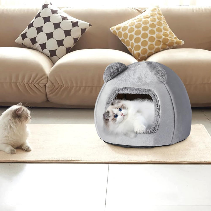 Pat pentru pisici lavabil, casă pentru pisici de 40 cm, peșteră pufoasă cu podea antiderapantă și covoraș detașabil, pat pentru animale de companie, moale, confortabil, cald, pentru pisici sub 5 kg, câini mici, care dorm, gri