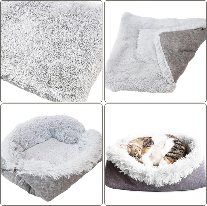 Pat pentru pisici 2 în 1 pernă pufoasă pentru pisici, pernă moale de pluș pentru pisici, loc de dormit lavabil, canapea pentru pisici, pat pentru animale de companie, pat pentru câini, pătură pentru pisici și câini mici (gri)