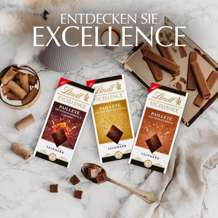 Lindt EXCELLENCE Pailleté Biscuits & Caramel - Ciocolată fină cu tartă, 100 grame Bomboane de Ciocolata Naty Shop