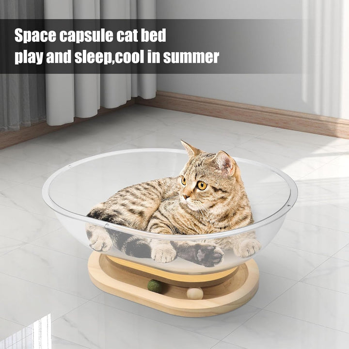 Pat pentru pisici Space Capsule, pat pentru pisici de interior, cuib pentru pisici cu bile de urmărire, suport din lemn masiv, cuib stabil pentru pisoi, casă transparentă pentru pisici, pisoi