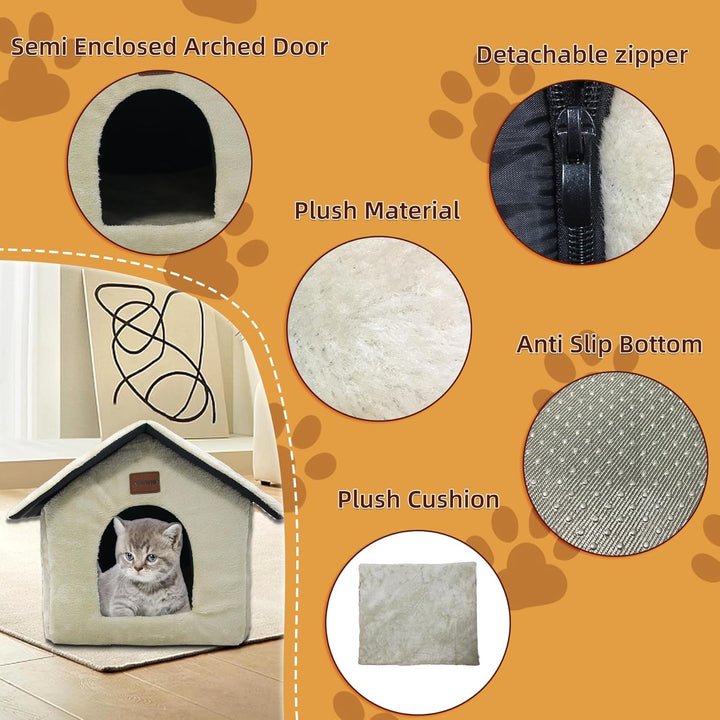 Casă de pluș pentru pisici, pat de tip peșteră pentru pisici, cu pernă pufoasă, colibă portabilă pentru pisici, cu fund antiderapant, caldă și confortabilă pentru animale de companie, 40 x 35 x 40 cm