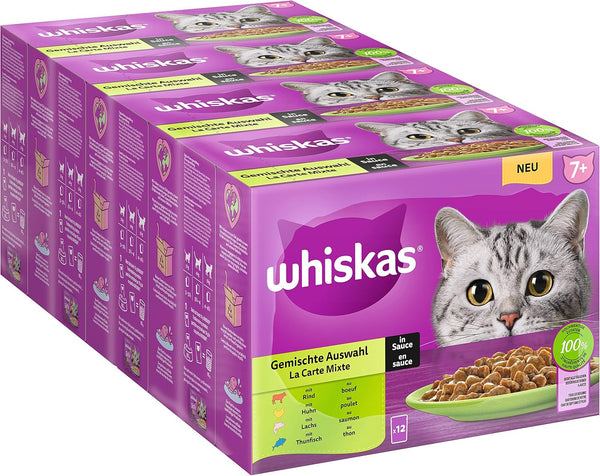 Whiskas Senior 7+ Hrană umedă pentru pisici Mixed Selection in Sauce, 48 de pliculețe, 12X85G (pachet de 4) - Hrană umedă de înaltă calitate, pentru pisici de 7 ani și mai în vârstă