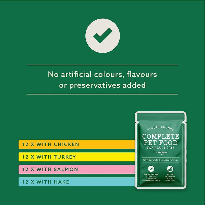 By Amazon Hrană pentru pisici, umedă, fără cereale, pentru pisici adulte, selecție mixtă în jeleu, 4,8 kg (48 pachete a 100 g)