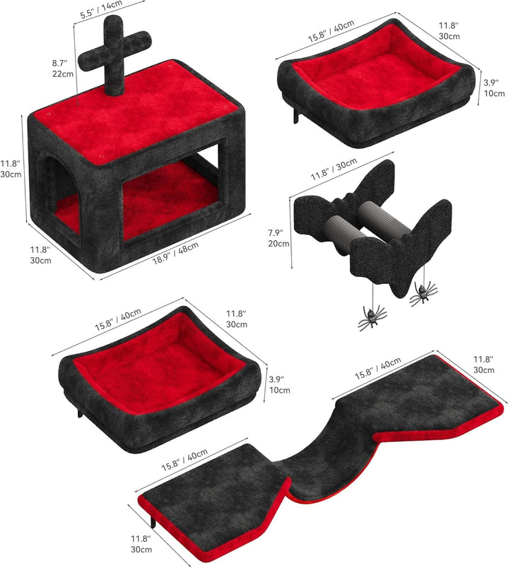 YITAHOME Set de perete de cățărat gotic pentru pisici, fabricat din flanel, mobilier robust pentru pisici din 5 piese cu căsuță pentru pisici, pat pentru pisici, hamac pentru pisici, coloană din sisal cu păianjen pentru dormit, joacă sau relaxează pisica