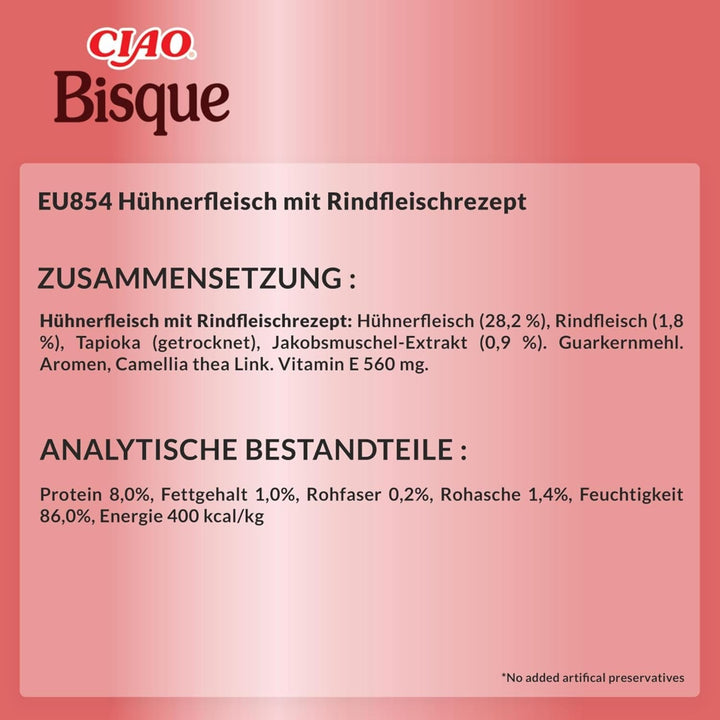 INABA Ciao Bisque Hrană umedă pentru pisici cu conținut scăzut de calorii cu 28% pui | Fără cereale, fără zahăr, fără subproduse, pastă cremoasă și supă delicioasă pentru pisici din Japonia 40 G (pachet de 12)