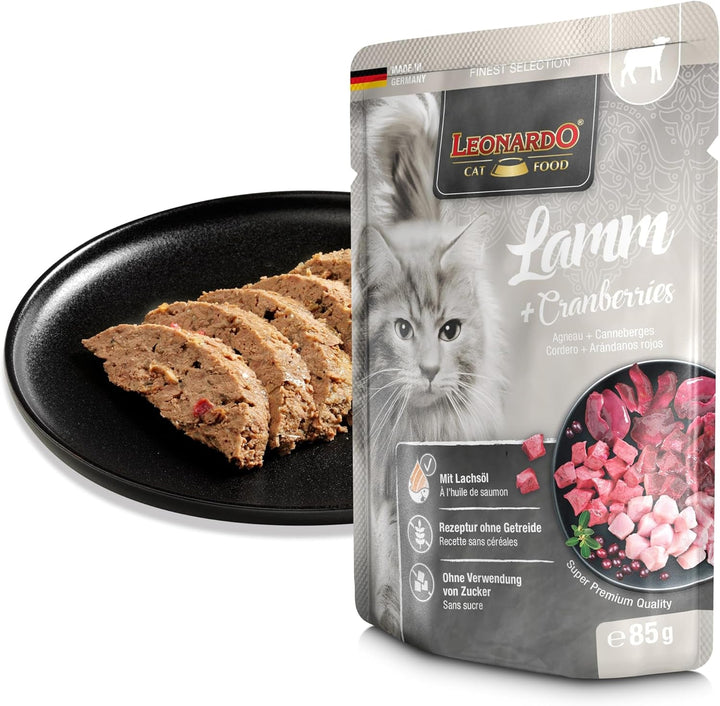 LEONARDO Fresh Pouch [16X85G Lamb + Cranberries] | Hrană umedă fără cereale pentru pisici | Hrană umedă completă în pungă cu porție unică