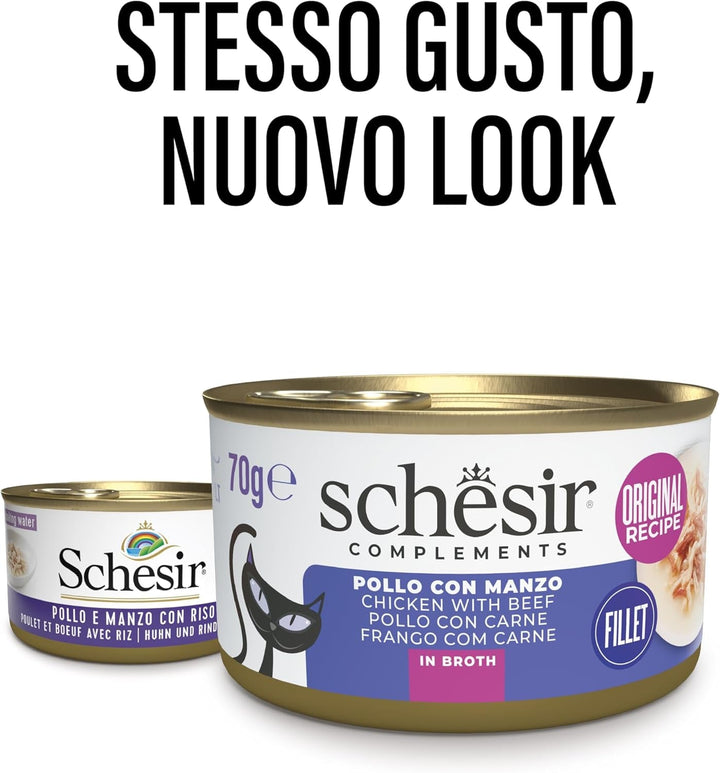 , File de pui cu carne de vită în bulion, Hrană umedă complementară pentru pisici, Rețetă originală, 100% naturală, 12 cutii la 70 G