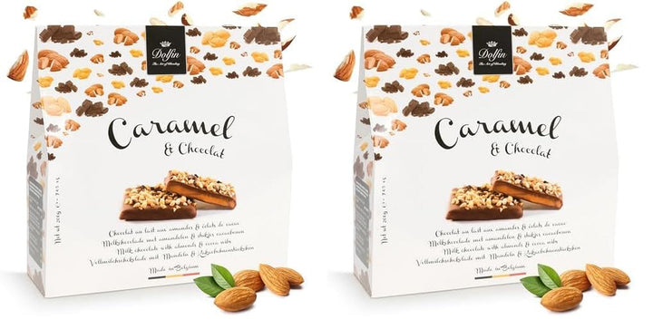 Dolfin Caramel & Ciocolată, fabricat în Belgia, 200 grame Bomboane de Ciocolata Naty Shop 2 x 200 grame Ciocolata cu Migdale si Nibs de cacao