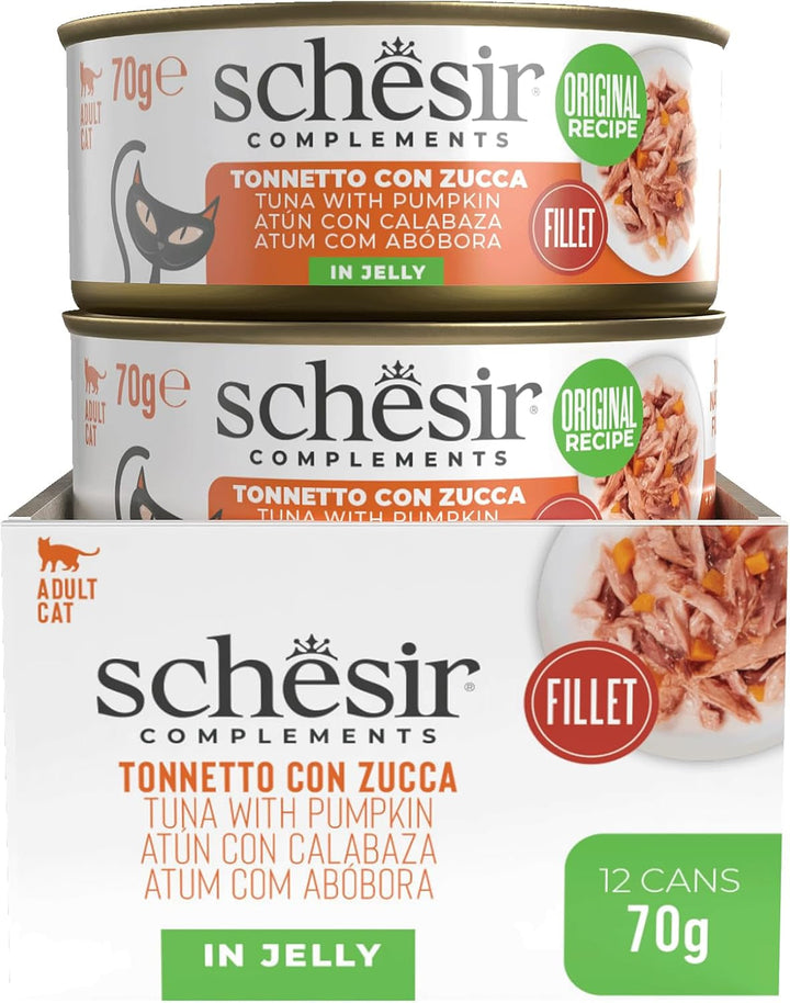 , File de ton cu dovleac în jeleu, Hrană umedă complementară pentru pisici, Rețetă originală, 100% naturală, 12 cutii la 70 G