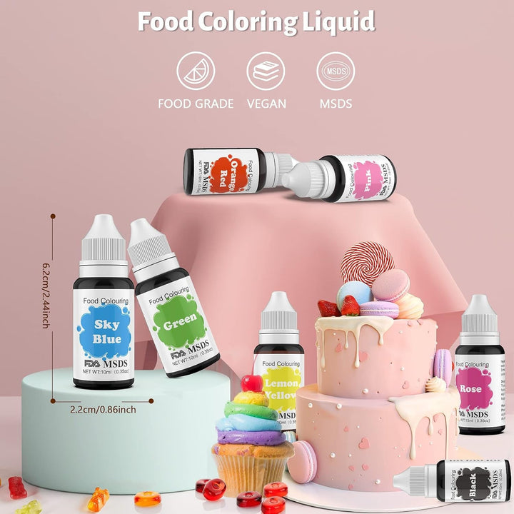 Colorant alimentar 9 x 10 ml, coloranți alimentari lichizi - set de coloranți alimentari pentru decorarea torturilor, macaroane, gogoși, fudge, glazură, săpunuri DIY, înghețată, colorant pentru săpun, colorant pentru pistol de pulverizare