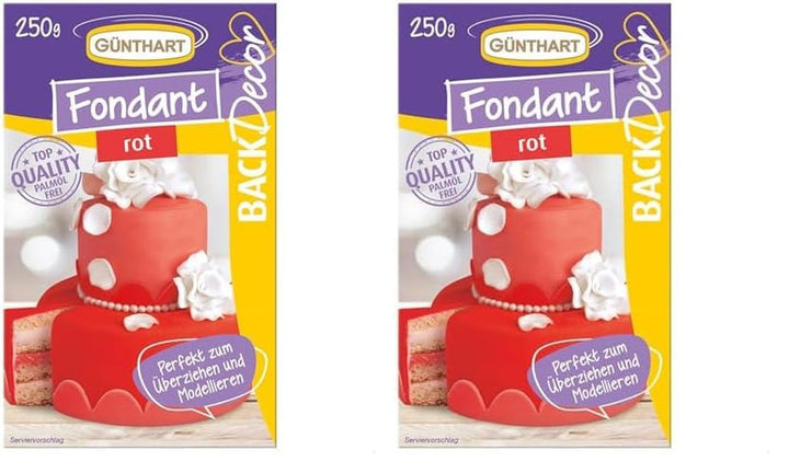 Günthart BackDecor 250 g fondant roșu, fără ulei de palmier, rezistent la rupere pentru acoperirea prăjiturilor și produselor de patiserie, potrivit pentru modelare, pachet de 2 (1 x 250 g) Pasta de zahar Naty Shop Roșu 250 G (pachet de 2)