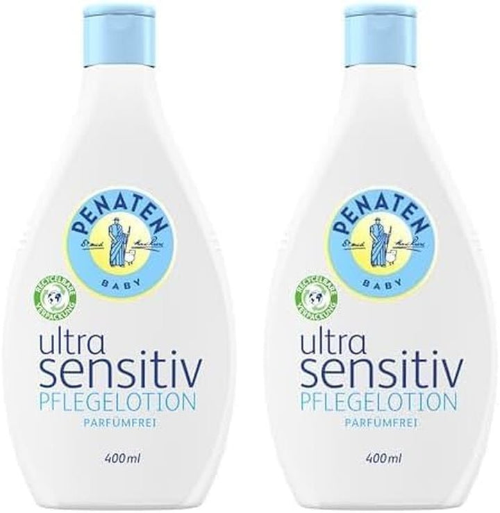 PENATEN Ultra Sensitive Care Cream Face & Body (100ml) cremă de față și de corp pentru bebeluși fără parfum, cremă hidratantă protectoare și hrănitoare pentru pielea foarte sensibilă a bebelușilor predispuși la neurodermatită Copii - Baie si Skincare Naty Shop 400 Ml (pachet de 2) Loțiune de îngrijire ultra-sensibilă