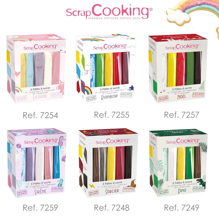 ScrapCooking - Set de 5 Fondant - alb, galben, roșu, verde și maro - 5 x 80g - pastă de zahăr pentru prăjituri Decorațiuni pentru torturi Ziua de naștere Crăciun - fără gluten și fără ulei de palmier - 7257 Pasta de zahar Naty Shop