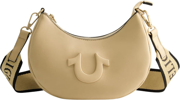 True Religion Women's Shoulder Bag Purse, Crescent Hobo Handbag cu curea detașabilă reglabilă și logo-ul Horseshoe Genti Femei Naty Shop Cămilă