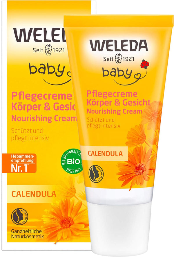 WELEDA Organic Baby Calendula Care Cream Body & Face 30ml - Cremă de față / cremă de piele pentru cosmetică naturală cu ulei de susan și lanolină pentru îngrijirea pielii uscate. Cremă hidratantă de îngrijire pentru bebeluși și copii Copii - Baie si Skincare Naty Shop 30 Ml