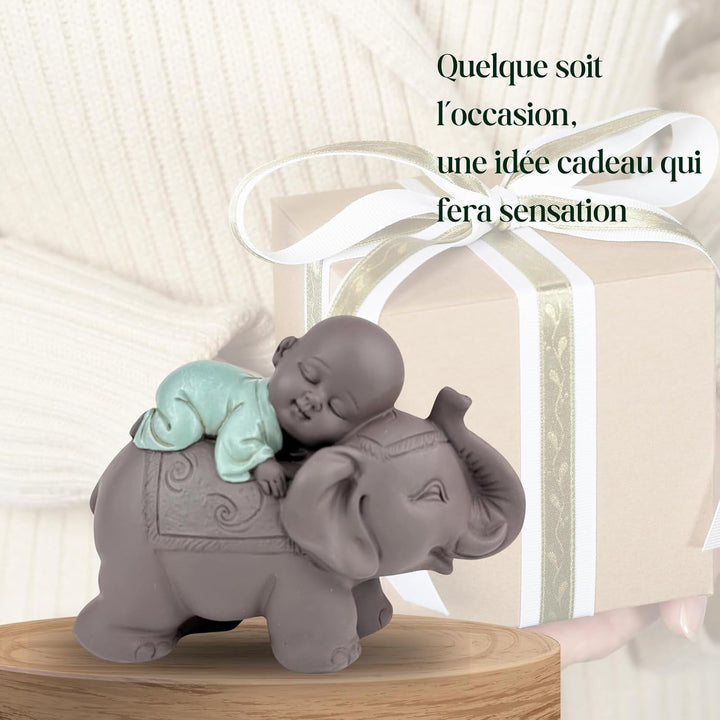 Zen'Light Statue Buddha Bonze Sleeping on Elephant - Atmosferă Zen în spațiul tău sacru - frumoasă figură de bun augur -H 9.5 cm, Brown & Green Statuete si sculpturi Naty Shop